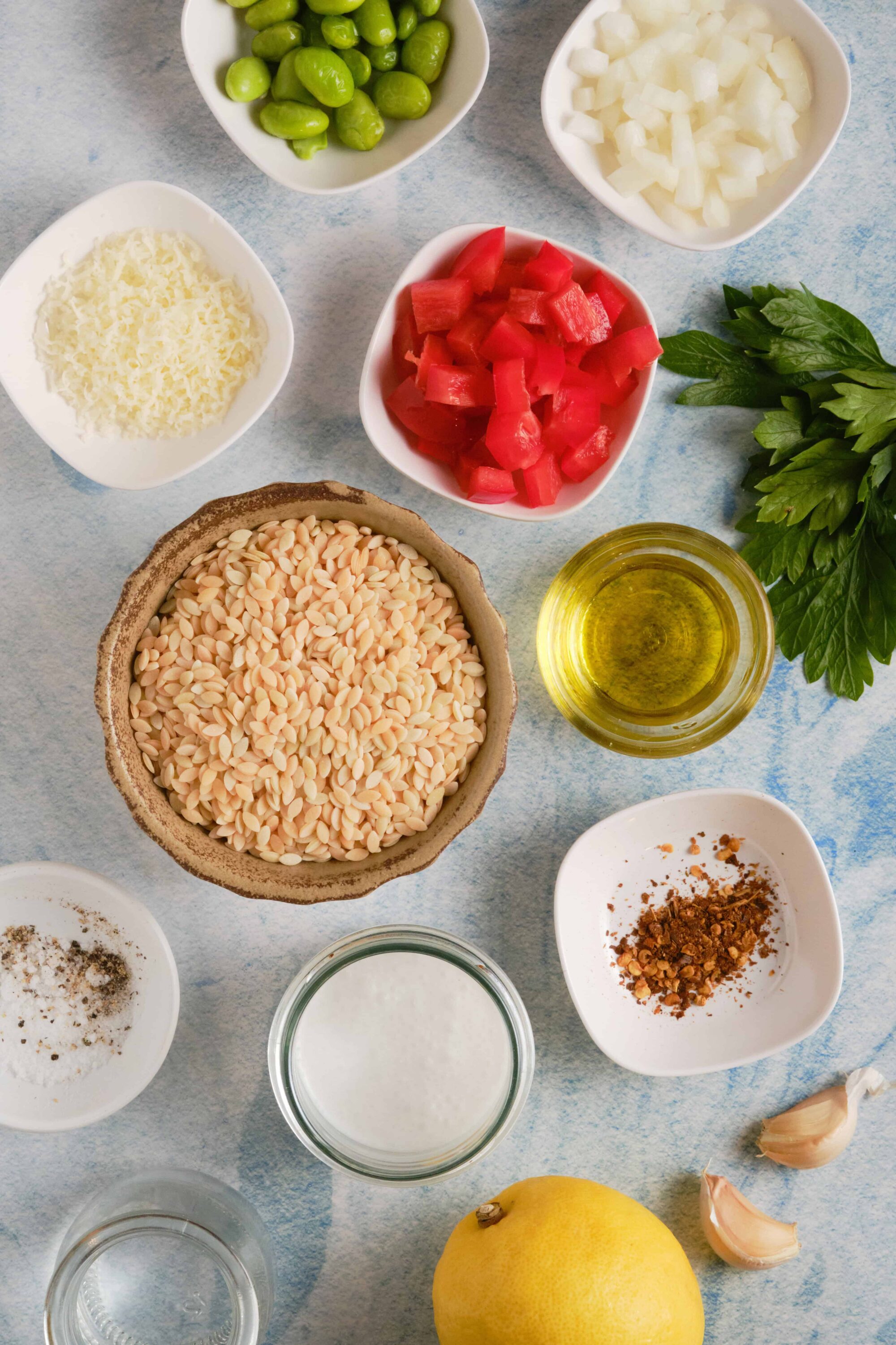 Minced garlic, chopped onion, diced tomato, and fresh herbs with pasta ingredients on a light blue background.