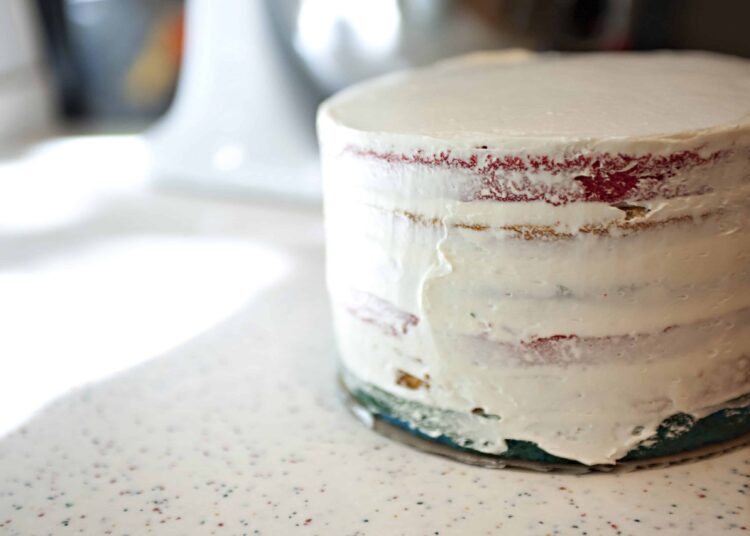 Buttercream frosted naked cake with red velvet layers and rustic finish.