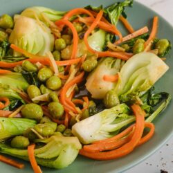 Fresh vegetable salad with peas, carrots, bok choy, and tender greens on a blue plate.