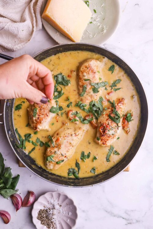 Savory chicken in creamy herb sauce garnished with chopped basil.