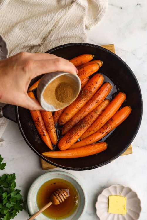 Roasted carrots with spices and honey drizzle.