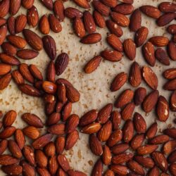 Roasted almonds scattered on parchment paper for baking or snacking.