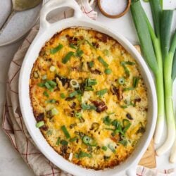 Creamy baked casserole with cheese, bacon, green onions, and herbs in a white baking dish.