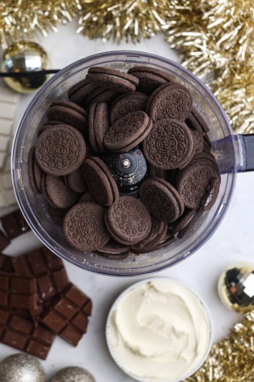 Oreos in food processor for cookie crumbs.