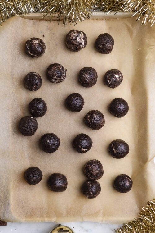 Rich Chocolate Energy Bites on Baking Sheet.