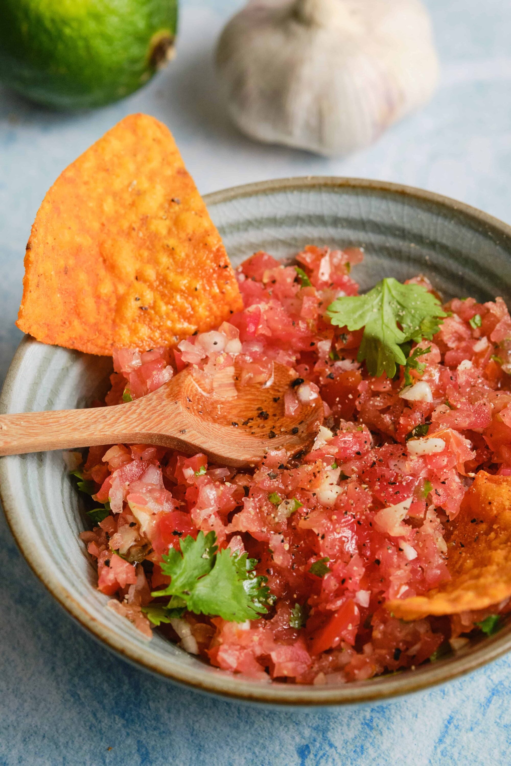 Fresh Mexican salsa with tomatoes, cilantro, onions, and crispy tortilla chips in a rustic bowl.