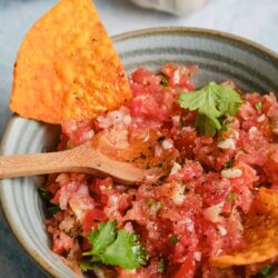 Fresh Mexican salsa with tomatoes, cilantro, onions, and crispy tortilla chips in a rustic bowl.