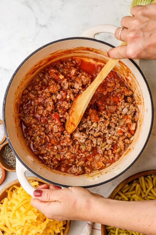 Savory homemade chili being prepared in a large pot with ground beef, tomatoes, and spices.