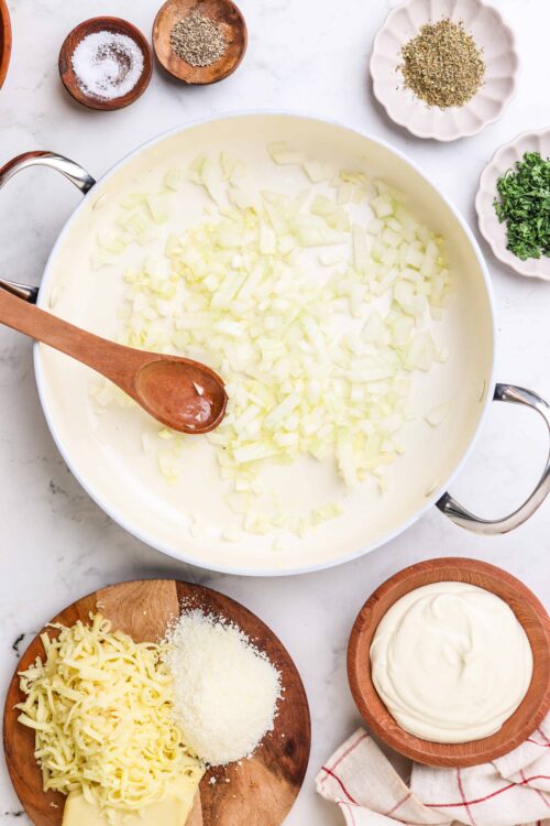 Creamy onion base for savory baked dish with cheese and herbs.