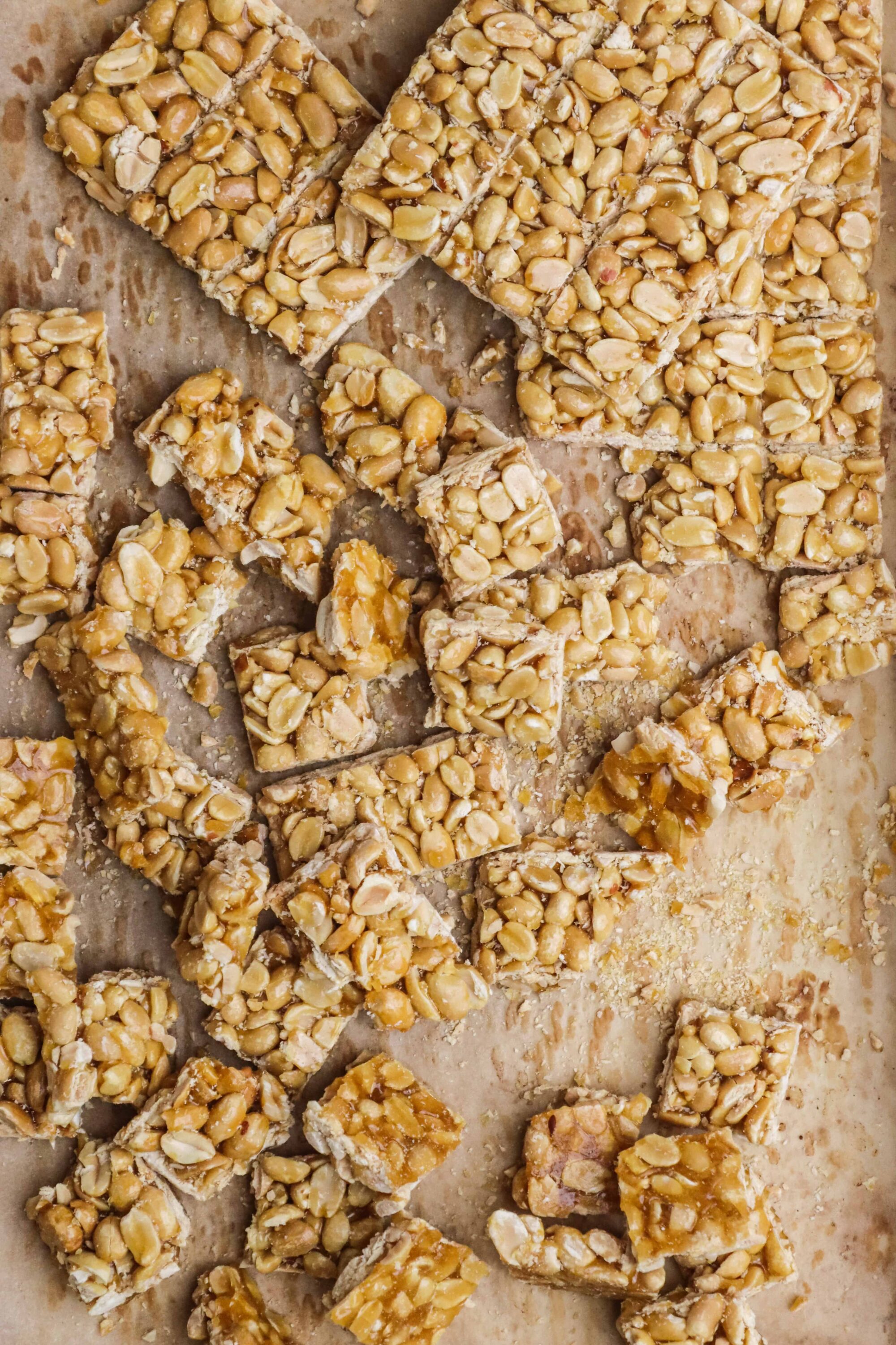 Butterscotch Peanut Bar Squares with Sticky Caramel, Candied Peanuts, and Melted Chocolate.