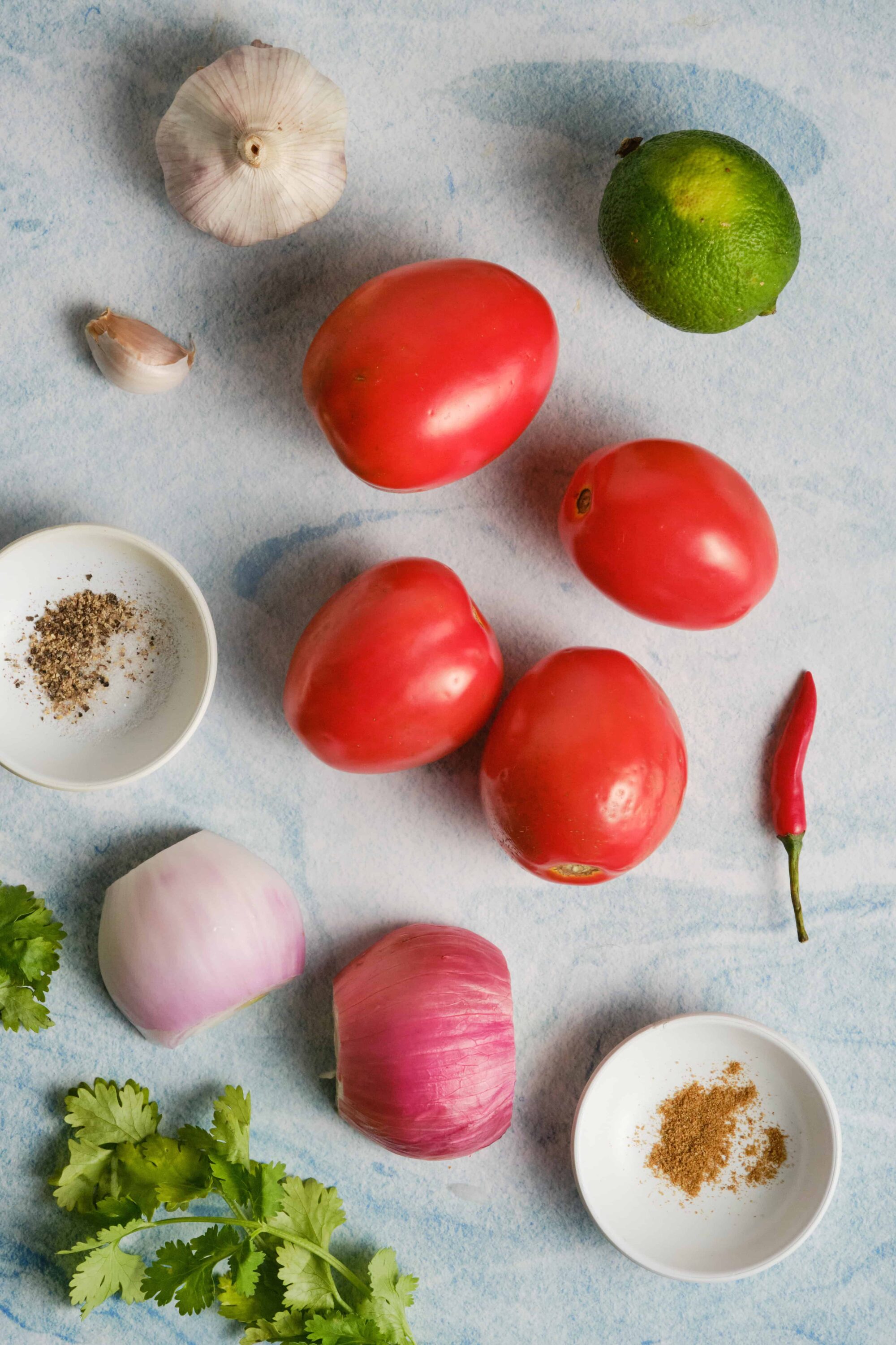 Fresh tomatoes, garlic, lime, chili, onions, cilantro, and spices for cooking or salsa preparation.