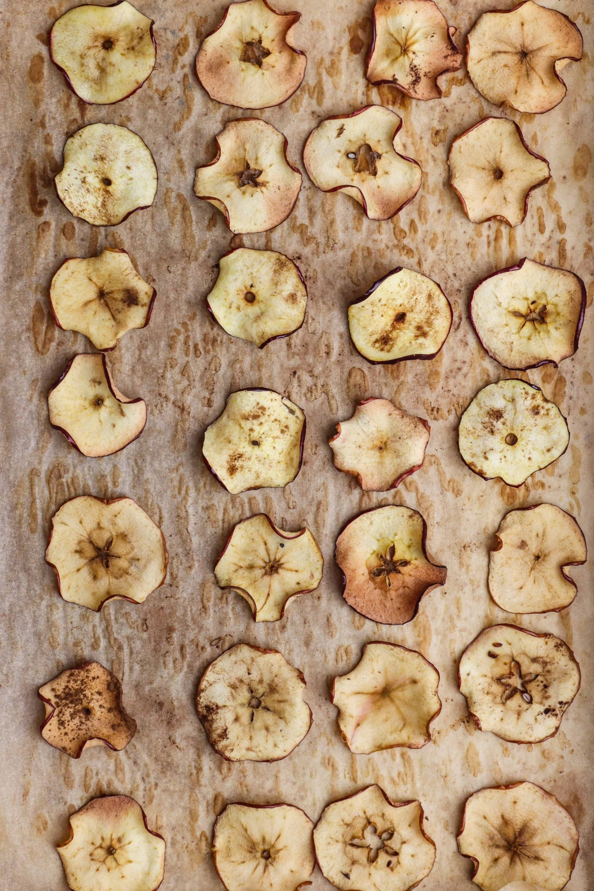 Dehydrated apple slices on baking sheet, homemade healthy snack, fruit chips, apple drying process, natural food photography.