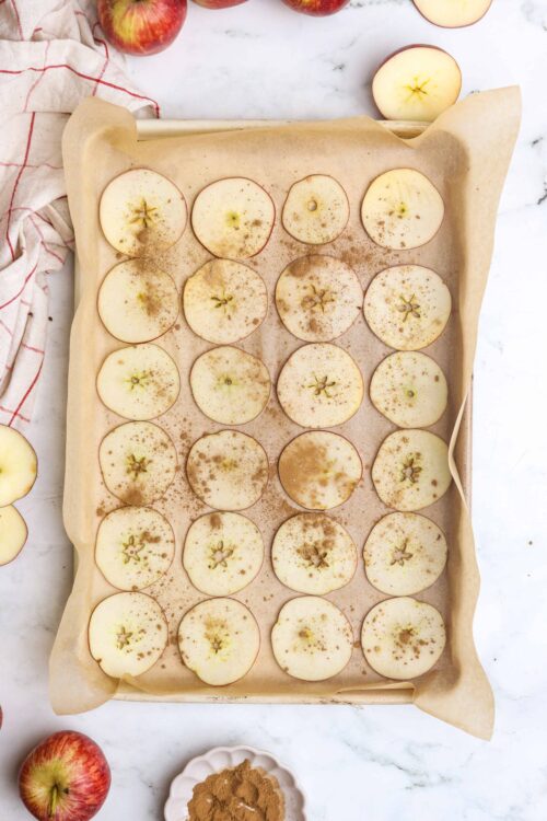 Fresh sliced apples on baking sheet for apple crisp or pie. Perfect for fall baking and dessert recipes.