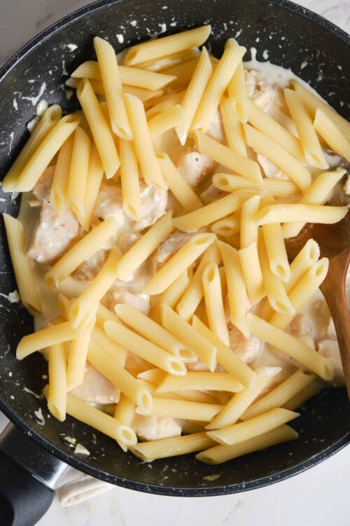 Creamy chicken pasta with penne and white sauce in a skillet, easy comfort food recipe.