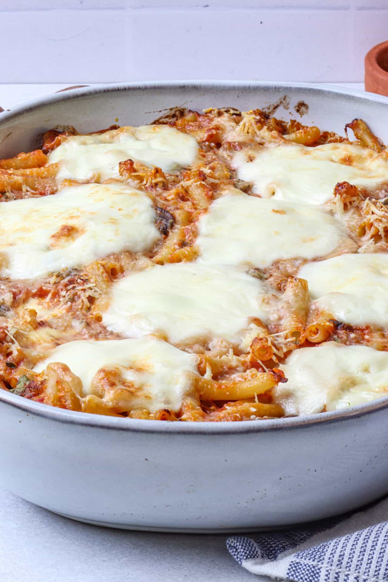 Cheeseburger pasta casserole baked dish with melted cheese on top delicious comfort food.