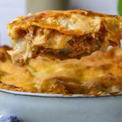 Cheesy meat lasagna with bubbling cheese and rich tomato sauce.
