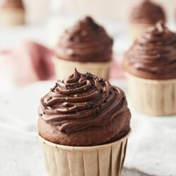 Decadent chocolate cupcake with rich frosting and sprinkles on a white textured surface.
