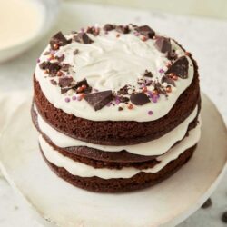Rich chocolate cake with vanilla frosting and chocolate shavings on top, perfect for dessert.