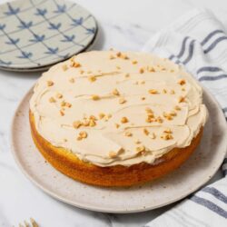 Fluffy homemade vanilla cake with creamy frosting and chopped nuts, perfect for celebration or dessert.