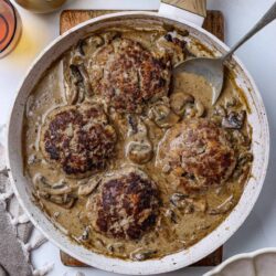 Chicken and mushroom skillet with creamy sauce and herbs.
