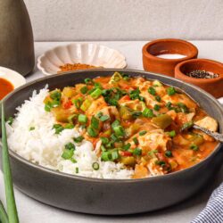 Creamy chicken and vegetable stew served over white rice, garnished with chopped green onions.