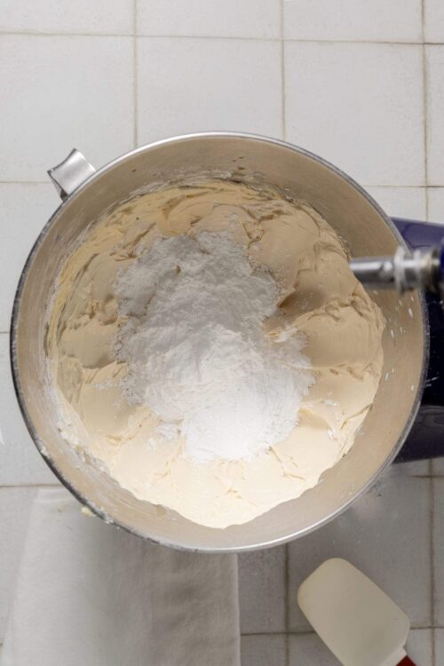 Fluffy cake batter with powdered sugar in a mixing bowl for baking.