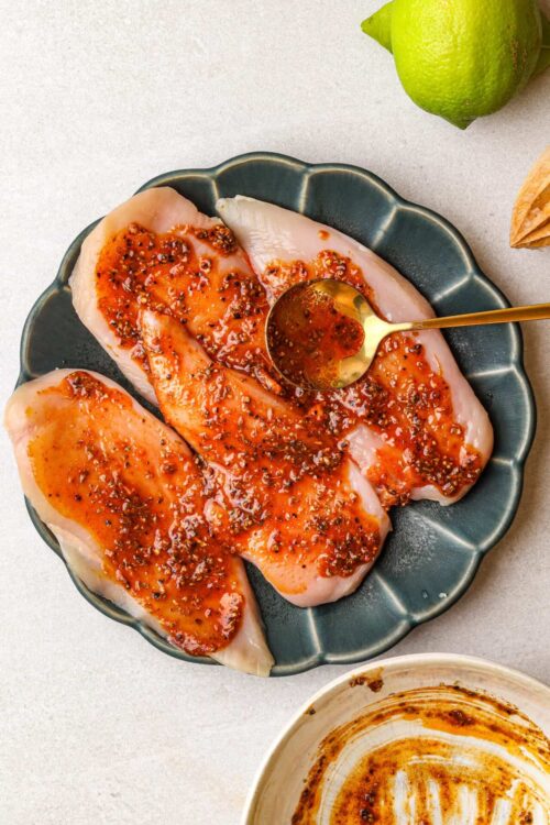 Juicy raw chicken breasts topped with flavorful marinade on a dark plate, ready for cooking or baking.