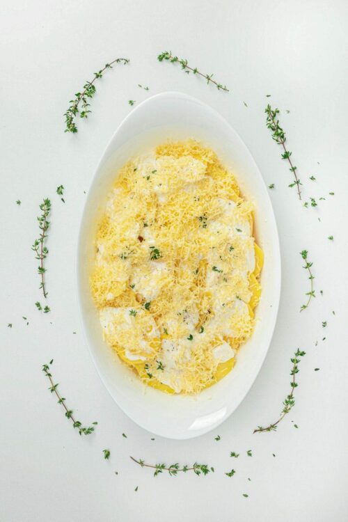 Creamy cheese lasagna with ricotta and mozzarella on a white platter, garnished with fresh herbs.