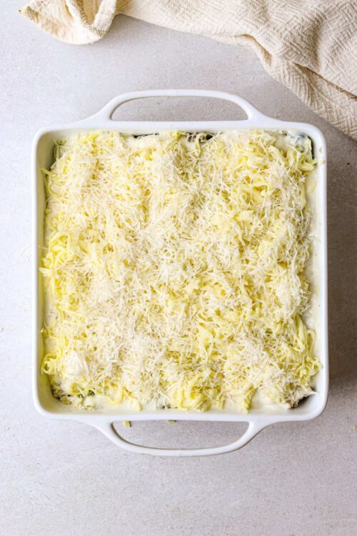 Creamy layered cheese casserole with shredded cheese topping, perfect comfort food.