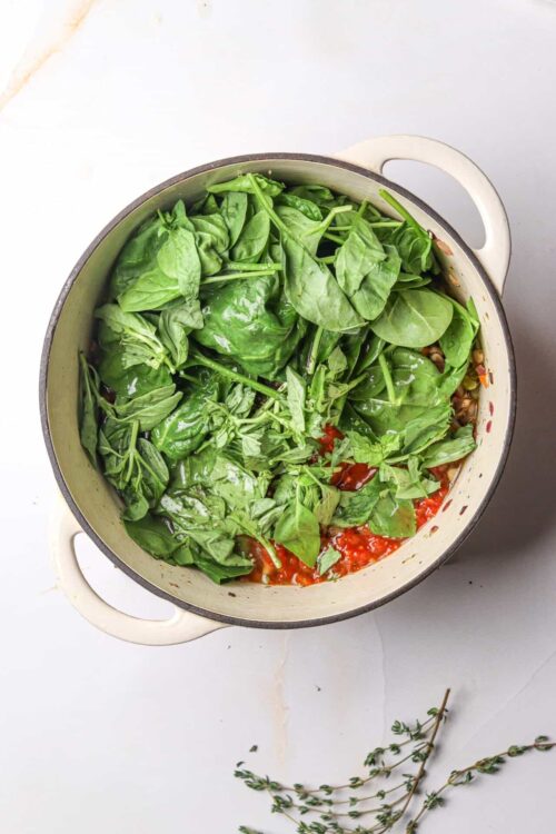Fresh spinach leaves in a cooking pot with tomato sauce, ready for a nutritious vegetable recipe.