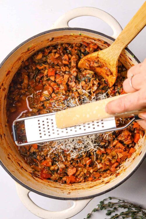 Rustic vegetable stew in a pot with grater and cheese; homemade comfort food recipe.