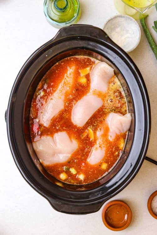 Raw chicken in slow cooker with tomato sauce and seasonings.