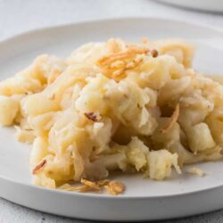 Creamy mashed potatoes with crispy fried onions on a white plate for comfort food.