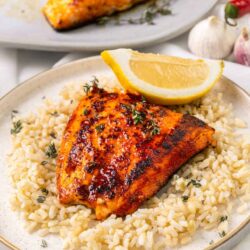 Baked Bree grilled salmon with lemon and rice, healthy and flavorful seafood dish for dinner.