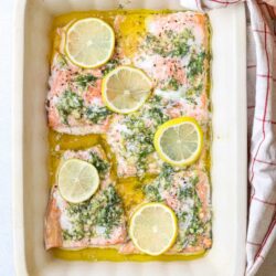 Fresh baked salmon with lemon slices and herbs in a baking dish for healthy seafood recipes.