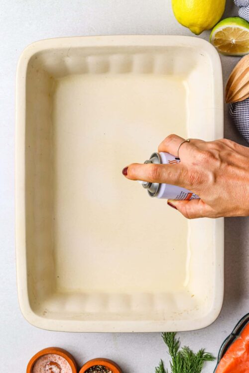 Creamy white sauce being sprayed into a baking dish.