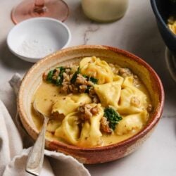 Creamy chicken and spinach tortellini in a delicious Parmesan garlic sauce.