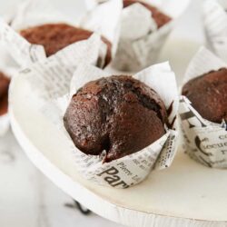 Decadent chocolate muffins on a white cake stand with parchment cupcake wrappers.