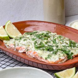 Fresh baked salmon with lemon slices, herbs, and creamy sauce on a rustic plate.