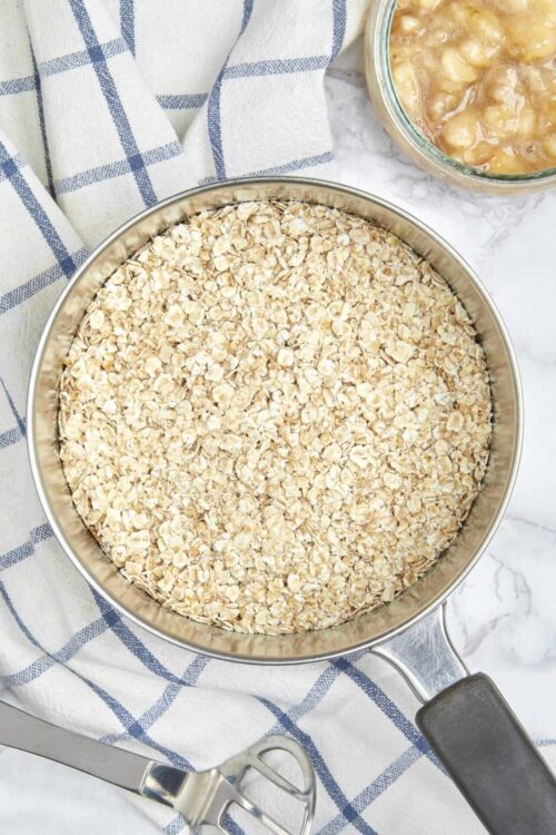 Oatmeal in a baking pan for baking recipes.
