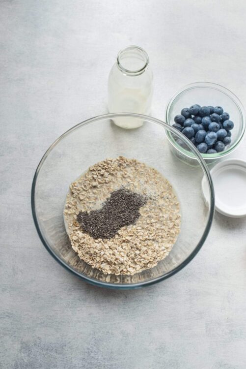 Fresh oatmeal, chia seeds, blueberries, milk, and yogurt for healthy blueberry oatmeal recipe.