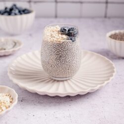 Creamy chia pudding topped with blueberries and oats on a decorative plate.