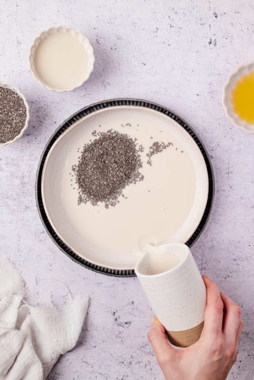 Cream and chia seeds in a bowl with almond milk, vanilla, and honey for healthy chia seed pudding.