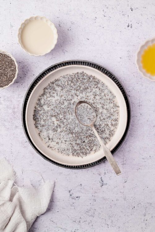 Chia seed pudding with milk and chia seeds in a bowl, topped with fresh milk and displayed on a textured surface.