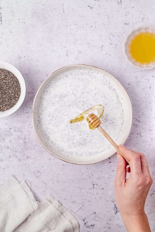Creamy yogurt with honey and chia seeds in a white bowl for healthy eating.