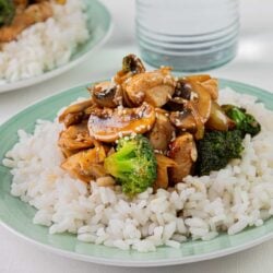 Stir-fry chicken with vegetables served over white rice on a green plate.