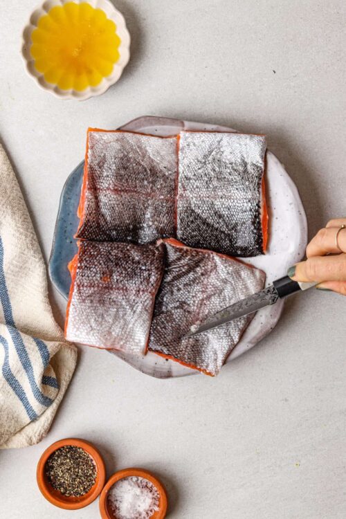 Fresh salmon fillets with skin on, ready for cooking, on a platter with salt and pepper.