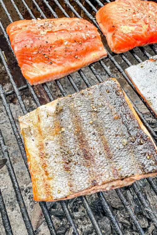 Juicy salmon fillets grilling on barbecue, seasoned with herbs and spices.