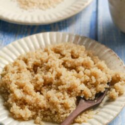 Creamy cooked quinoa on a decorative white plate with a spoon, perfect for healthy meal ideas and gluten-free recipes.