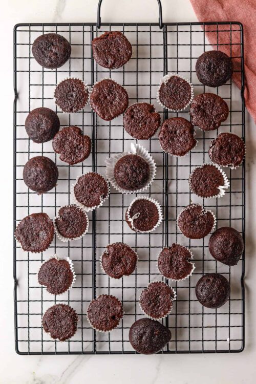 Fudgy chocolate cupcakes cooling on a wire rack with some in white paper liners. Perfect for baking treats and dessert recipes.